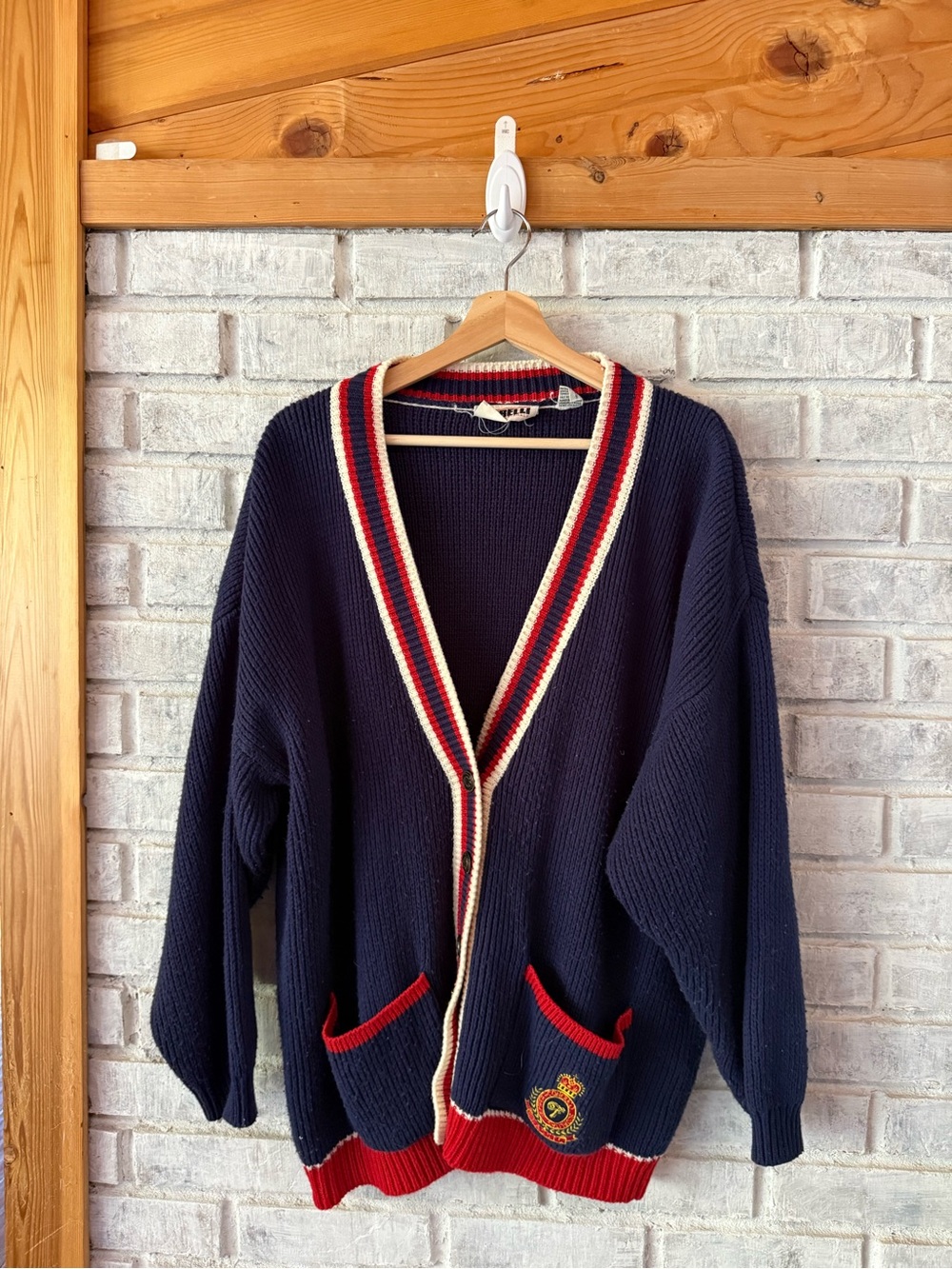 70’s Navy Cardigan Sweater with Red & Cream Trim